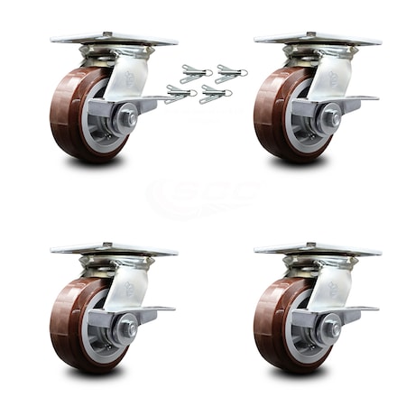 Service Caster 5 Inch Polyurethane Caster Set with Roller Bearing and Brakes/Swivel Locks SCC SCC-35S520-PPUR-SLB-BSL-4